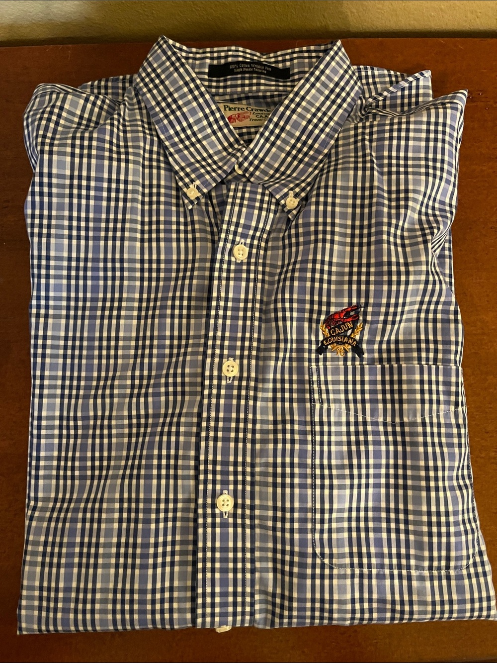 Pierre Crawdeaux Cotton Blue and White Check Men’s Button-Down Shirt, Sz L